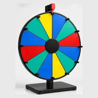 Tabletop random spin wheel with colored slices on a stand